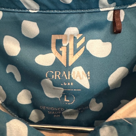 Graham Luxe Polo Shirt Men’s Golf Size Large Teal Spotted Logo Short Sleeve - Picture 4 of 4